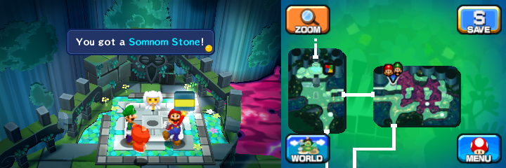 Mario getting the Somnom Stone from a Pi'illo Master in Somnom Woods of Mario & Luigi: Dream Team.