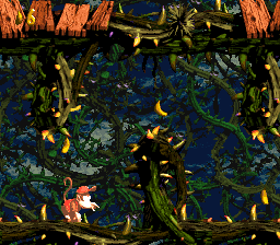 Diddy locates the Invincibility Barrel at the start (left image). After becoming invincible, he runs through the bramble thicket, which is a path to the Bonus Barrel.