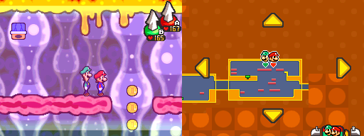 Mario and Luigi near 3 Coins in Energy Hold of Mario & Luigi: Bowser's Inside Story.