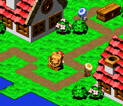 Mario finding Greaper Flag behind the sign in Rose Town of Super Mario RPG: Legend of the Seven Stars.