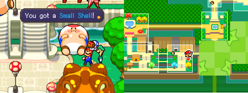 Mario and Luigi getting the Small Shell accessory from a blue Toad kid in Toad Town of Mario & Luigi: Bowser's Inside Story.