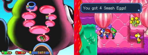 The quartet getting 4 Smash Eggs from blue Yoshi in Yoob's Belly of Mario & Luigi: Partners in Time.