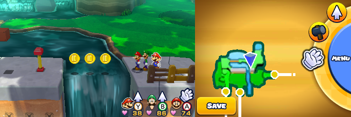 Group near 3 10-Coins in Gloomy Woods of Mario & Luigi: Paper Jam.