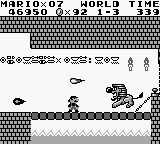 Small Mario battling King Totomesu, boss of the Birabuto Kingdom, at the end of World 1-3 in Super Mario Land