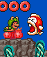 Frog Luigi encountering a Big Bertha in Super Mario All-Stars