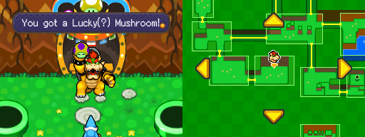 Bowser getting the Lucky (?) Mushroom (later known as Vacuum Shroom) in Dimble Wood of Mario & Luigi: Bowser's Inside Story.
