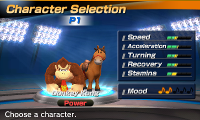 Donkey Kong's stats in the horse racing portion of Mario Sports Superstars