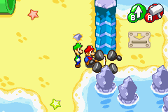 Mario using a Hammer to smash a rock in Mario & Luigi: Superstar Saga