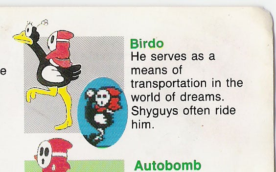 An error in the instruction manual of Super Mario Bros. 2, where Ostro is mistakenly referred to as Birdo.
