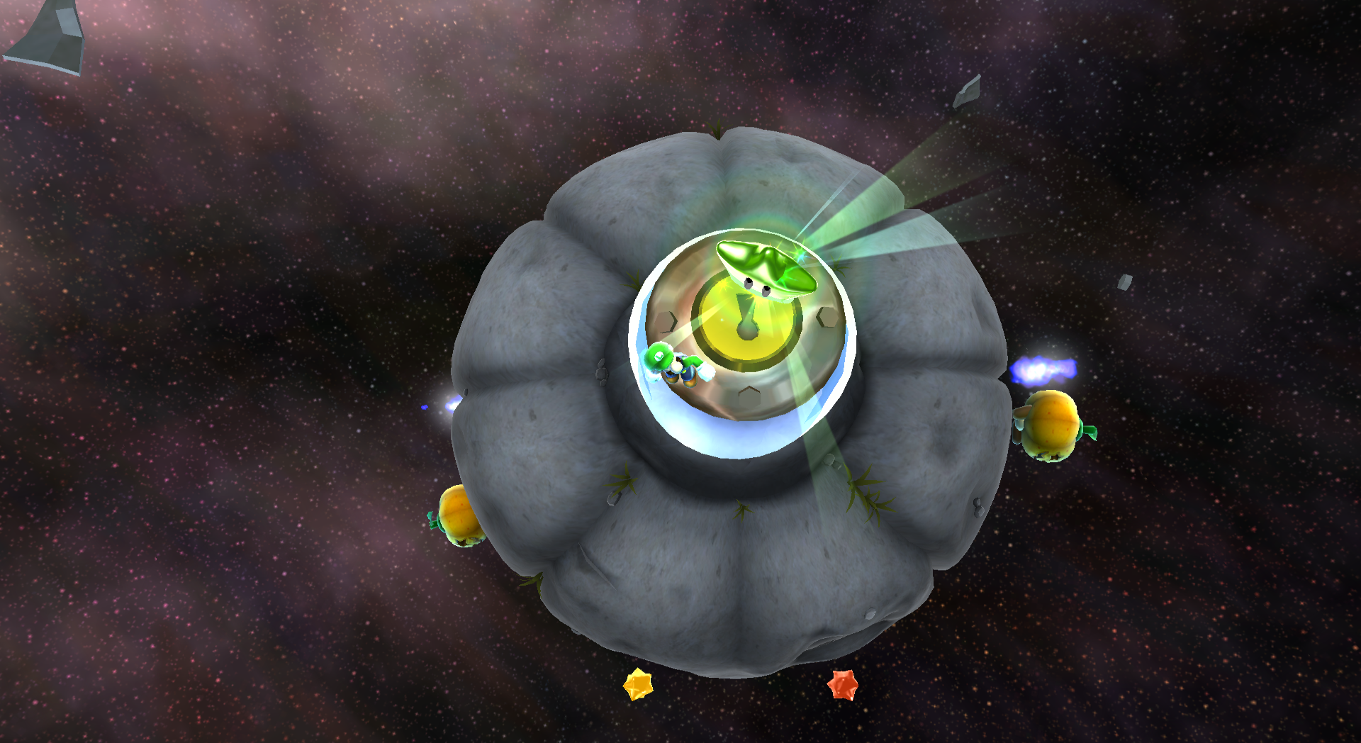 A screenshot of Luigi with a Green Power Star in the Battle Belt Galaxy.