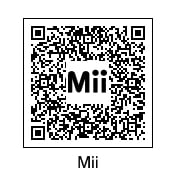 A Mii QR code containing an example Mii. It can be scanned with ease on Nintendo 3DS, but must be mirrored in order to scan it on Wii U as its GamePad only has a front camera and not a rear camera.
