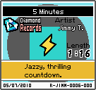 The shelf sprite of one of Jimmy T's records (5 Minutes) in the game WarioWare: D.I.Y., as it appears on the top screen.