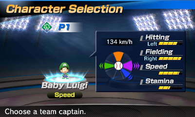 Baby Luigi's stats in the baseball portion of Mario Sports Superstars