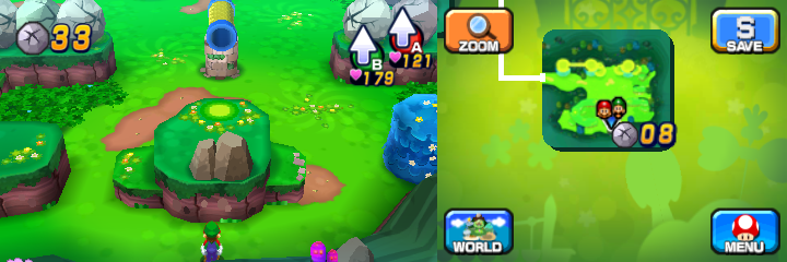 Mario and Luigi near five boulders with two containing a Coin each in Mushrise Park of Mario & Luigi: Dream Team.