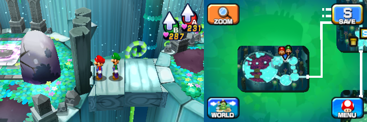 Mario and Luigi near three boulders with one containing a Coin in Somnom Woods of Mario & Luigi: Dream Team.