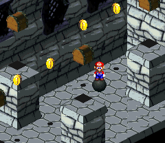 Mario finding last 4 10-Coins in the iron ball action course of Bowser's Keep of Super Mario RPG: Legend of the Seven Stars.