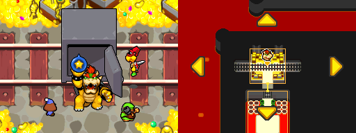 Bowser picking up the yellow star cure from a safe in Bowser Castle of Mario & Luigi: Bowser's Inside Story.