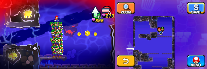 Mario and Luiginoids (in the shape of a stack) near 2 Coins and a 50-Coin in Dreamy Neo Bowser Castle accessed by a Dreampoint housing Bowser's dreams of Mario & Luigi: Dream Team.