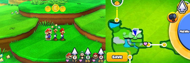 Group near 2 Coins and a 10-Coin in Sunbeam Plains of Mario & Luigi: Paper Jam.