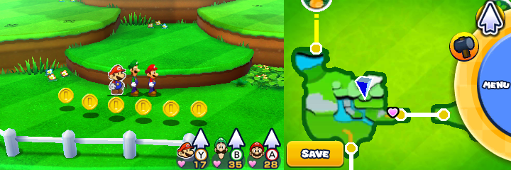 Group near 6 Coins in Sunbeam Plains of Mario & Luigi: Paper Jam.