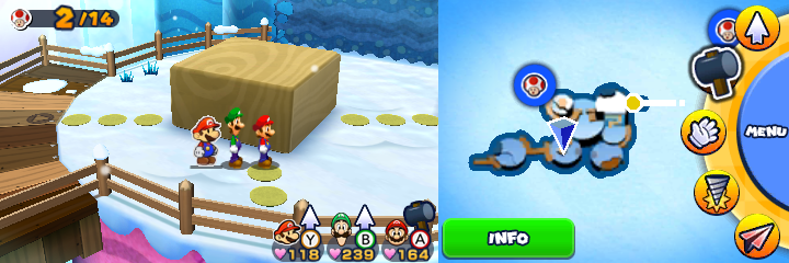 Group near 8 unflipped paper flowers containing a Five Coin each in Paper Toad Patrol mission of Mario & Luigi: Paper Jam.