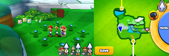 Group near 8 spinny flowers containing a Coin each in Sunbeam Plains of Mario & Luigi: Paper Jam.