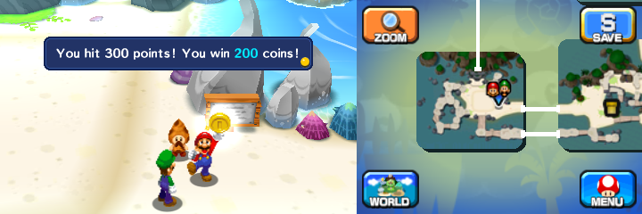 Mario getting 200 Coins from Mole Hunt old man in Driftwood Shore of Mario & Luigi: Dream Team.