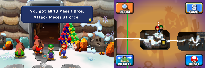 Mario getting all 10 Attack Pieces for the Slingsniper Bros. Attack from the Massif Bros. in Mount Pajamaja of Mario & Luigi: Dream Team.