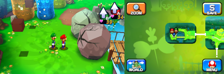 Mario and Luigi near two boulders containing a Coin each in Mushrise Park of Mario & Luigi: Dream Team.