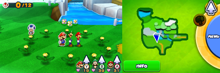 Group near 10 spinny flowers containing a Coin each in Paper Toad Pursuit mission of Mario & Luigi: Paper Jam.