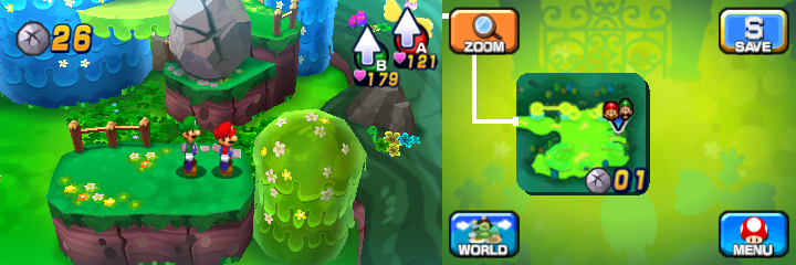 Mario and Luigi near a boulder containing a Coin in Mushrise Park of Mario & Luigi: Dream Team.