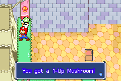 Mario getting a 1-Up Mushroom from a Toad  in Toadtown Square of Mario & Luigi: Superstar Saga.