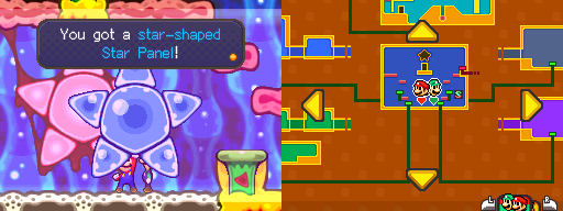 Mario and Luigi picking up the star-shaped Star Panel of Mario & Luigi: Bowser's Inside Story.