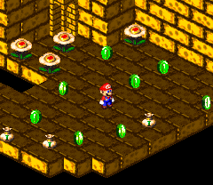 Mario in the treasure room of Belome Temple in Land's End of Super Mario RPG: Legend of the Seven Stars.