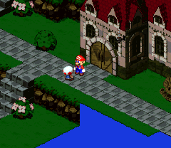 Toad Guard giving Mario 10 Coins in the Mushroom Kingdom of Super Mario RPG: Legend of the Seven Stars.