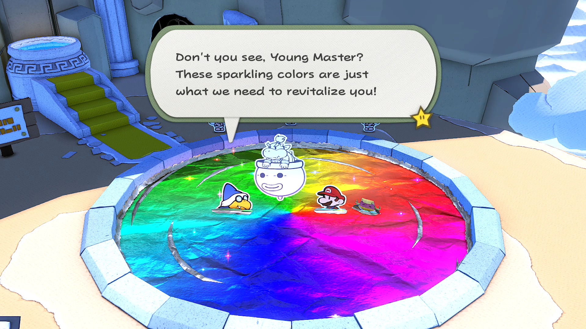 Kamek tells Bowser Jr. to soak into the Spring of Rainbows