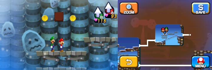 Mario and Luigi near 2 Coins in Dreamy Mount Pajamaja accessed by a Dreampoint found at the peak of the real world mountain of Mario & Luigi: Dream Team.