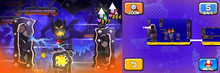 Mario near a Coin in Dreamy Neo Bowser Castle accessed by the third Koopa Clown Car Dreampoint of Mario & Luigi: Dream Team.