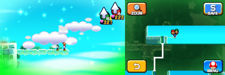 Mario and Luigi at the start of the cloud ride, which contains 5 Coins, 7 50-Coins and a 100-Coin in Dreamy Somnom Woods accessed by a Dreampoint of Mario & Luigi: Dream Team.