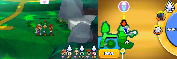 Group near 3 spinny flowers containing a Five Coin each in Gloomy Woods of Mario & Luigi: Paper Jam.