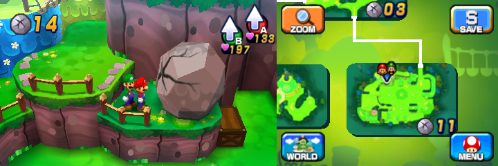 Mario and Luigi near a boulder containing a Coin in Mushrise Park of Mario & Luigi: Dream Team.