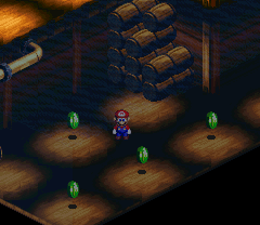 Mario finding 4 Frog Coins in the first partially flooded room of Sunken Ship of Super Mario RPG: Legend of the Seven Stars.