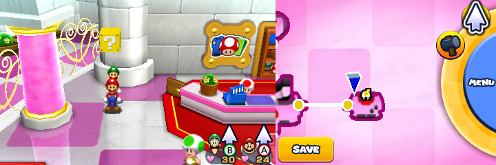 Eleventh block in non-damaged Peach's Castle of Mario & Luigi: Paper Jam.