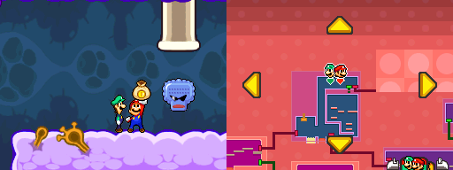 Mario and Luigi getting a coin bag containing 200 Coins from a Nutsoglobin in Flab Zone of Mario & Luigi: Bowser's Inside Story.