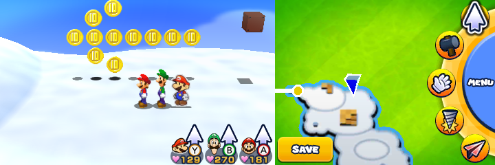 Group near 11 10-Coins in Sunbeam Plains of Mario & Luigi: Paper Jam.
