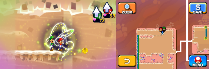 Mario and Luigi near 4 Coins (with only one visible) in Dreamy Dozing Sands accessed by Dreampoint housing the Dream Stone's spirit of Mario & Luigi: Dream Team.