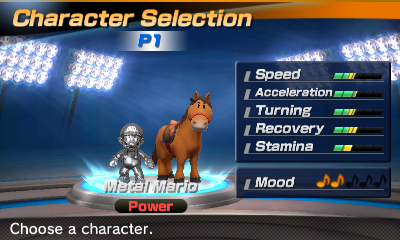 Metal Mario's stats in the horse racing portion of Mario Sports Superstars