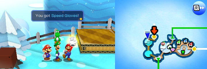 Mario getting the Speed Gloves from the green Yoshi in Mount Brrr of Mario & Luigi: Paper Jam.