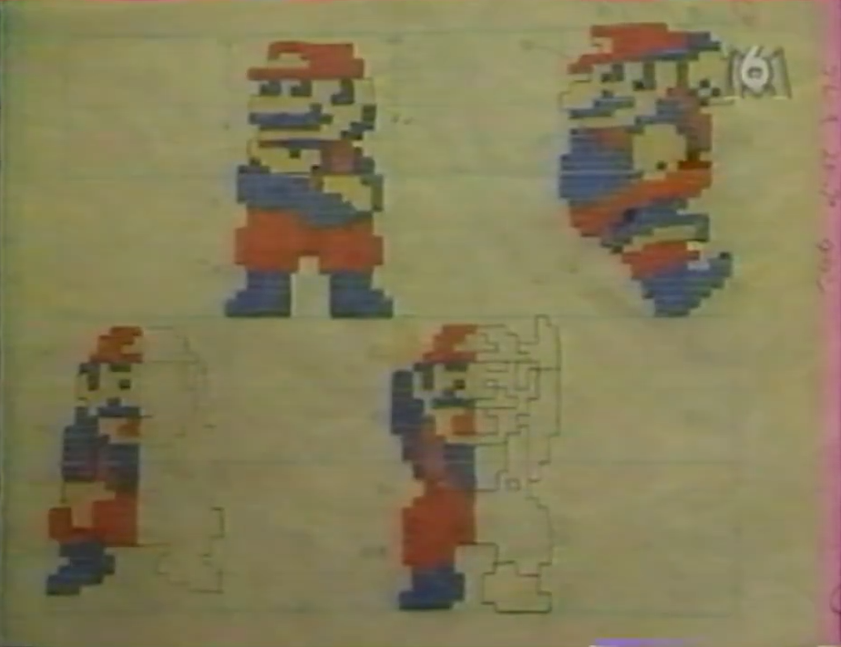 Concept art of Mario's in-game sprite on graph paper. This was captured in a 1994 episode of Capital, which focused on Nintendo's Japanese headquarters.
