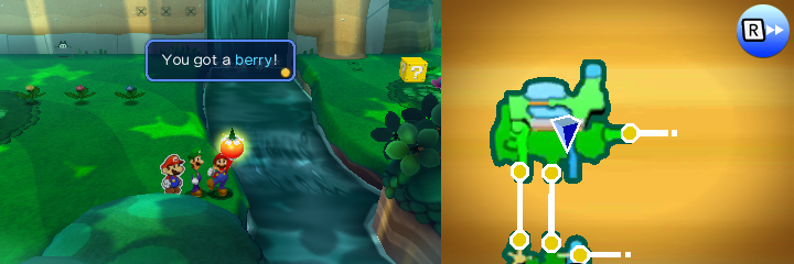 Mario holding a Berry in Gloomy Woods of Mario & Luigi: Paper Jam.